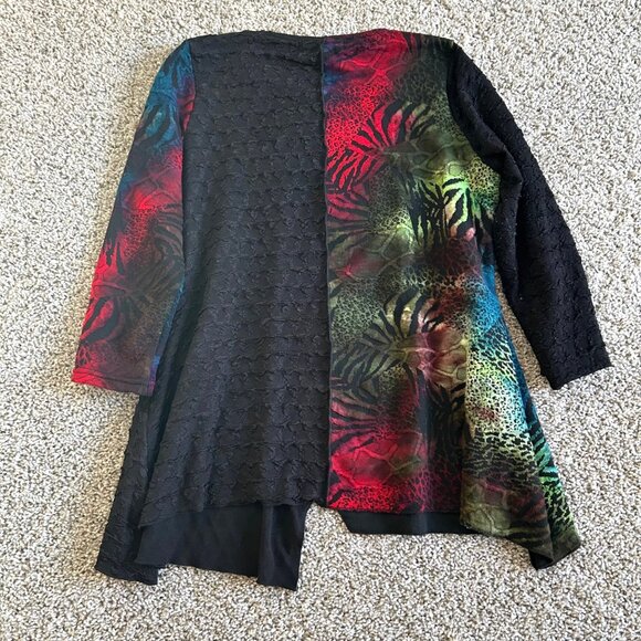 Caleoa Women's Sz M Multicolor Animal Print & Black Textured Asymmetrical Tunic - Picture 3 of 9
